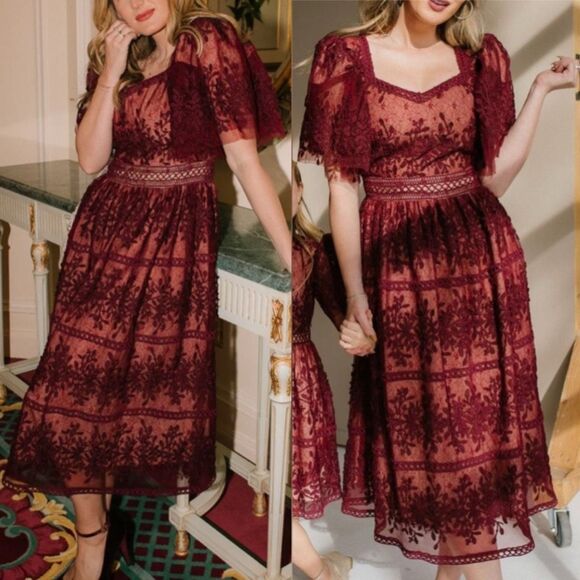 Ivy City Wine Venice Dress with Flutter Sleeves Size L Lace Midi Holiday Party - Picture 1 of 10